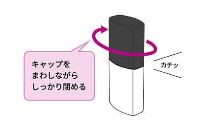 使用後はキャップを矢印の方向にまわしながらしっかり閉め、保管してください。