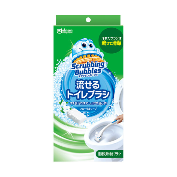 ジョンソン スクラビングバブル 流せるトイレブラシ フローラルソープ 本体 (ハンドル+専用ホルダー 洗剤付きブラシ4コ入り)