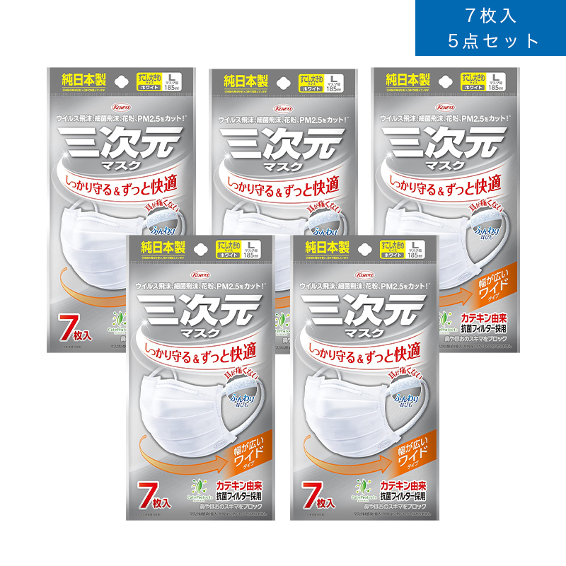 三次元マスク すこし大きめLサイズ ホワイト 7枚入 5個セット